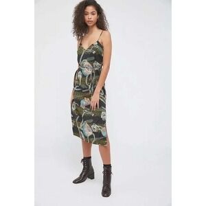 Urban Outfitters Jones Tie Back Satin Midi Slip Dress Size L‎ Black Dragon Print